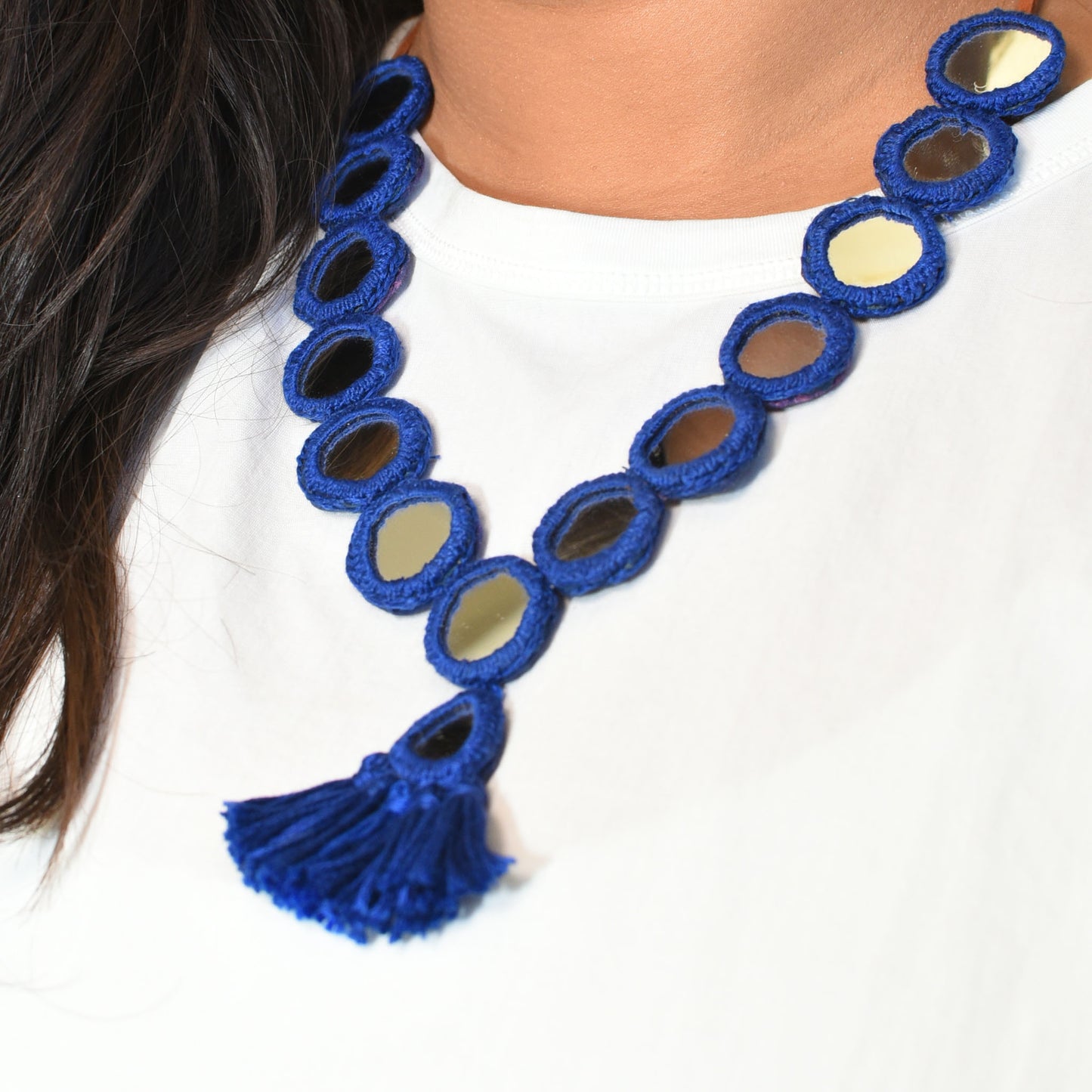 Blue fabric necklace with mirrors